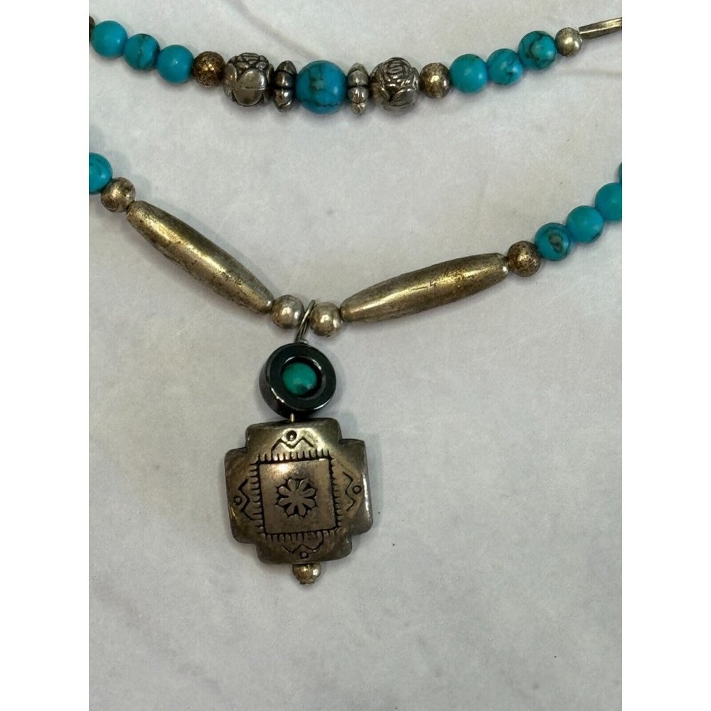 Southwestern Hand Crafted Faux Turquoise and Etched Silver Design Necklace